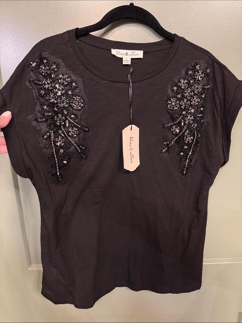 NEW Vine & Love Black Short-Sleeve Tee with Beaded Floral Appliqués